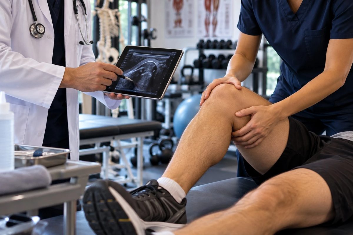 Médico y kinesiólogo evaluando una rodilla con apoyo de ecografía en el Centro Médico Norte
